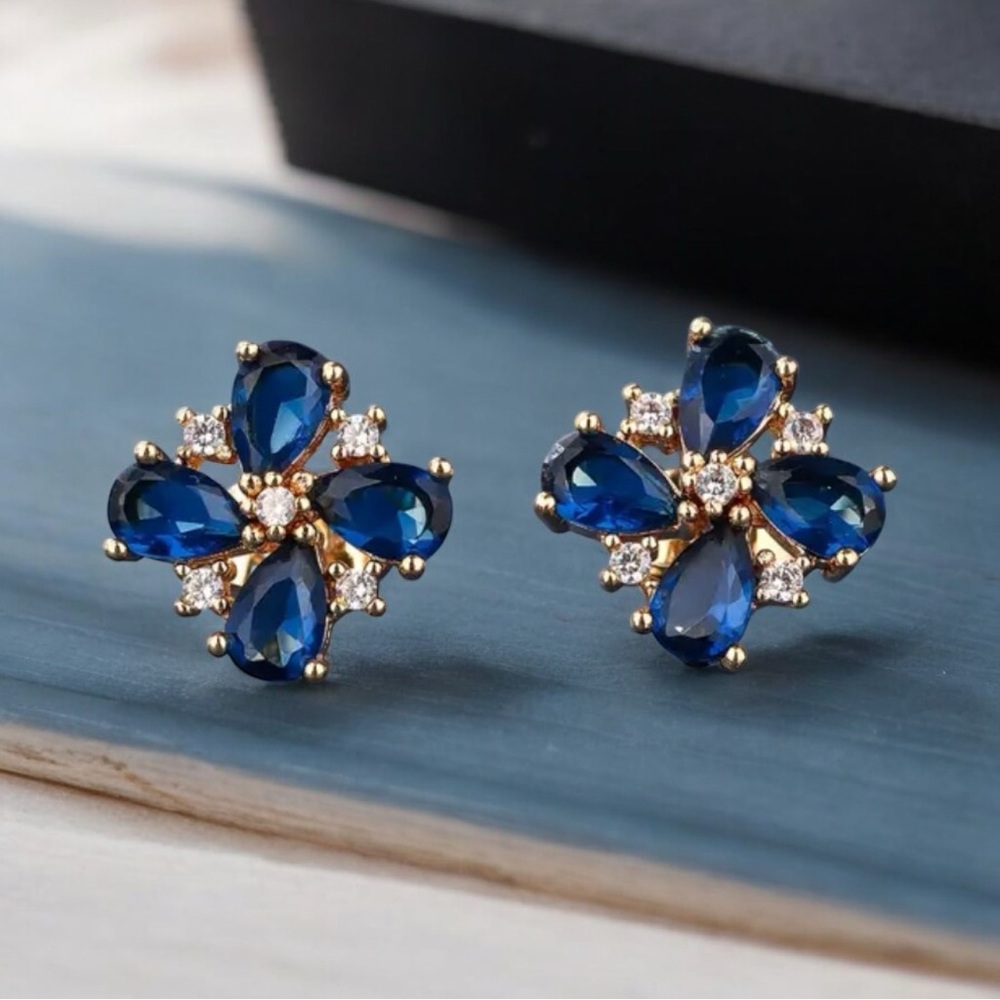 Blue CZ Flower Rose Gold Plated stud earrings. New.